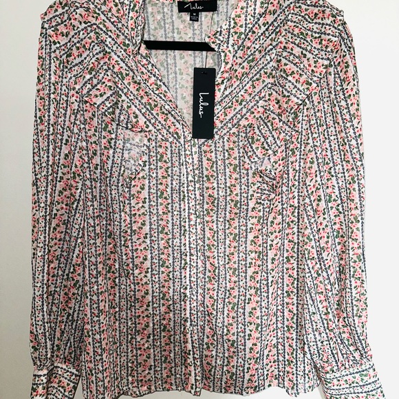 Lulus Tops - Lulu's Multicolor Floral Striped Blouse